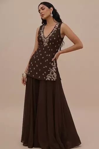 Brown embroidered silk kurta set