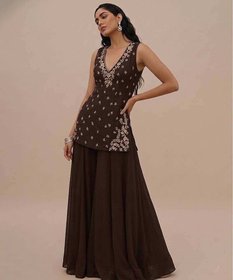 Brown embroidered silk kurta set