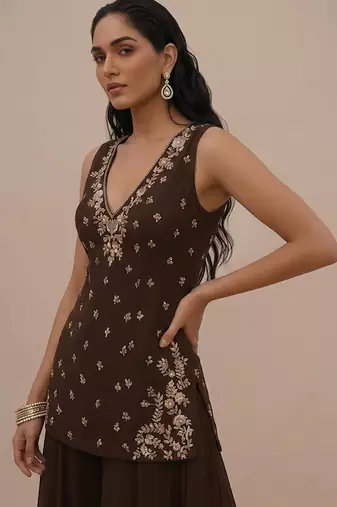 Brown embroidered silk kurta set