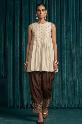 Ivory brown embroidered raw silk co ord set