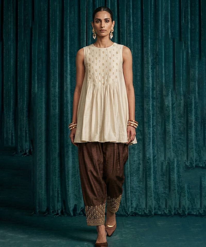Ivory brown embroidered raw silk co ord set