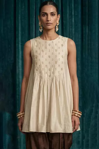 Ivory brown embroidered raw silk co ord set