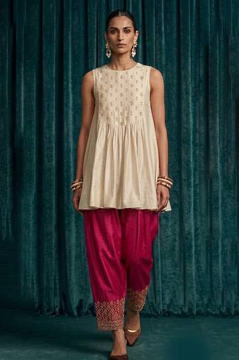 Ivory pink embroidered raw silk co ord set