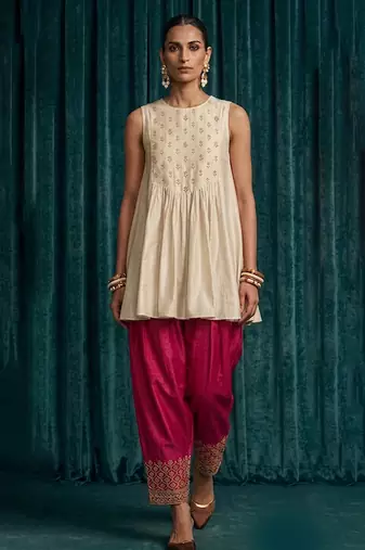Ivory pink embroidered raw silk co ord set
