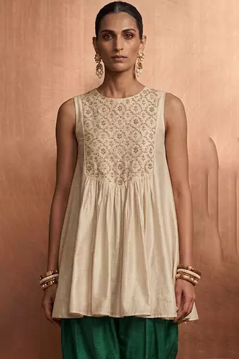 Ivory green embroidered raw silk co ord set