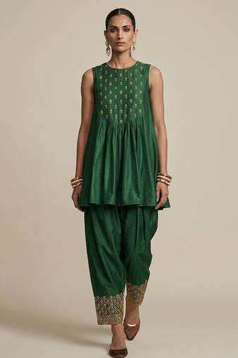 Green embroidered dupion silk co ord set