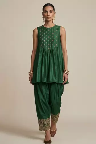 Green embroidered dupion silk co ord set