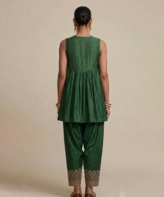 Green embroidered dupion silk co ord set 2