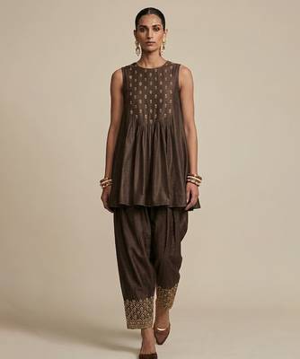 Brown embroidered dupion silk co ord set 1