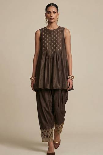 Brown embroidered dupion silk co ord set