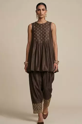 Brown embroidered dupion silk co ord set