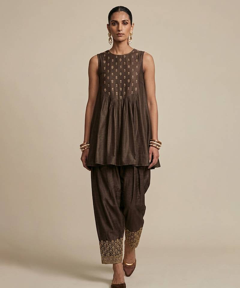 Brown embroidered dupion silk co ord set
