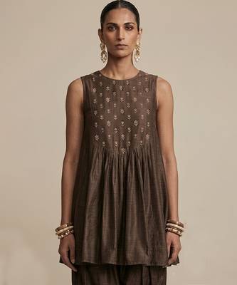 Brown embroidered dupion silk co ord set 2