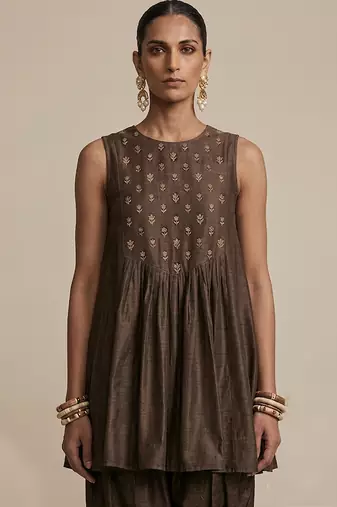 Brown embroidered dupion silk co ord set