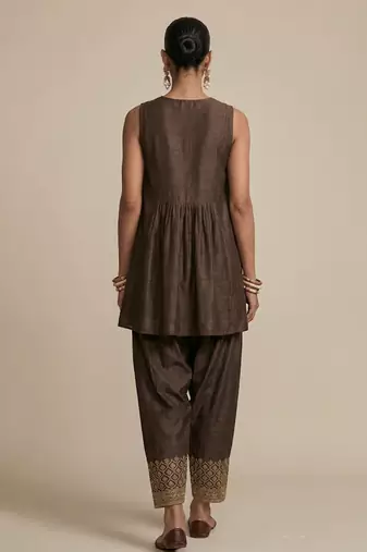 Brown embroidered dupion silk co ord set