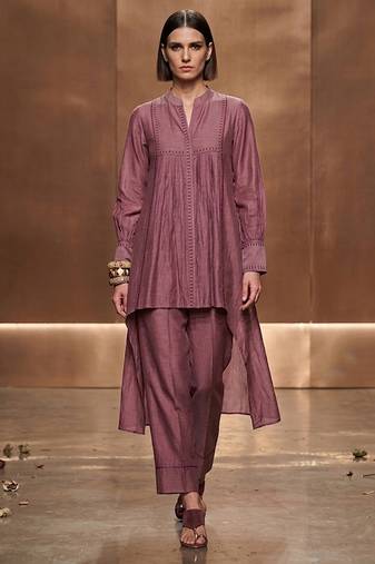 Mauve embroidered malai chanderi co ord set