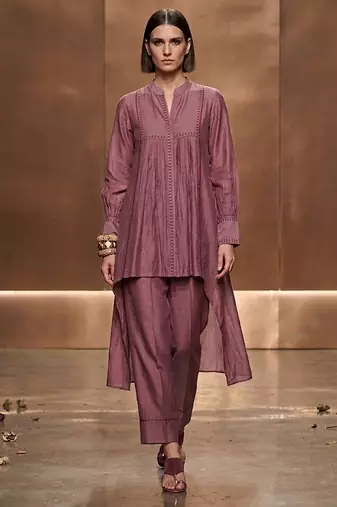 Mauve embroidered malai chanderi co ord set