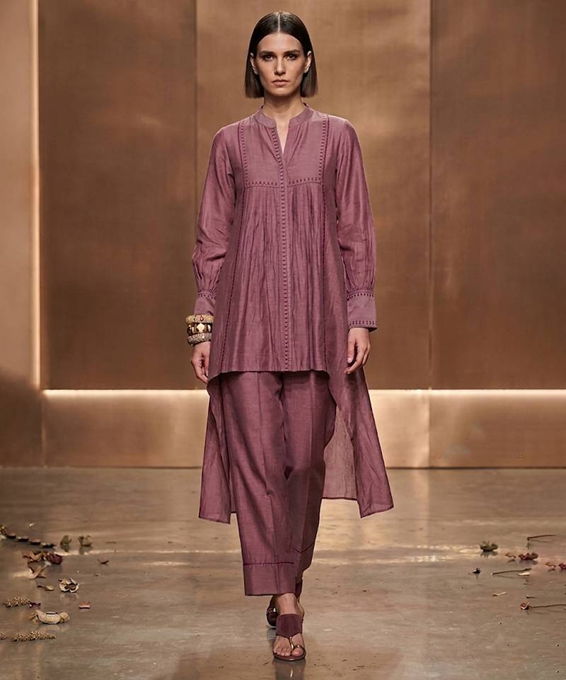Mauve embroidered malai chanderi co ord set