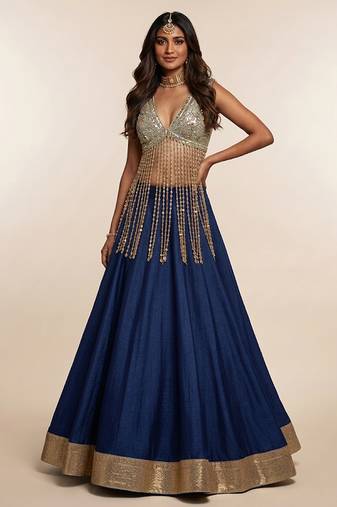 Blue Embroidered Silk Lehenga With Beaded Fringe Blouse