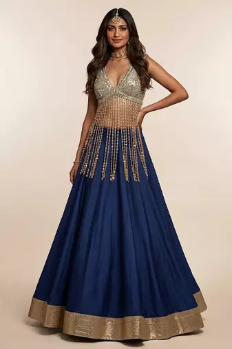 Blue Embroidered Silk Lehenga With Beaded Fringe Blouse