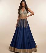 Blue Embroidered Silk Lehenga With Beaded Fringe Blouse