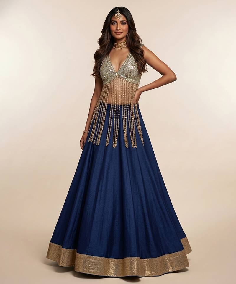 Blue Embroidered Silk Lehenga With Beaded Fringe Blouse