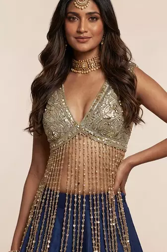 Blue Embroidered Silk Lehenga With Beaded Fringe Blouse