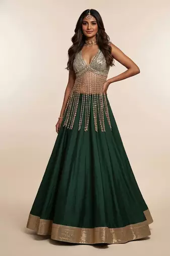 Green Embroidered Silk Lehenga With Beaded Fringe Blouse