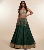 Green Embroidered Silk Lehenga With Beaded Fringe Blouse
