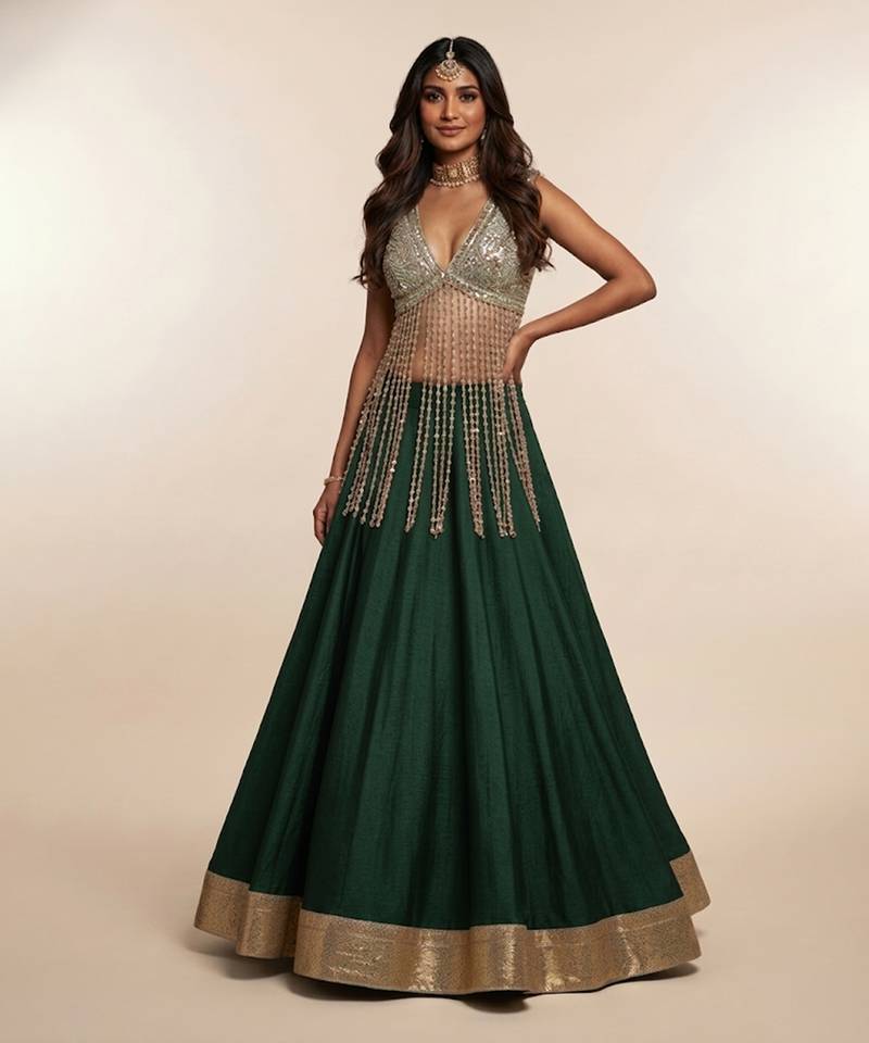 Green Embroidered Silk Lehenga With Beaded Fringe Blouse
