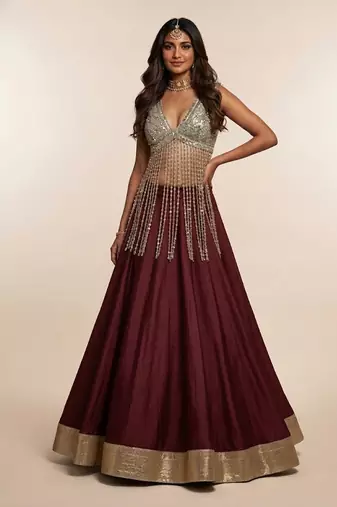 Wine Embroidered Silk Lehenga With Beaded Fringe Blouse
