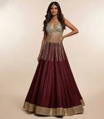 Wine Embroidered Silk Lehenga With Beaded Fringe Blouse