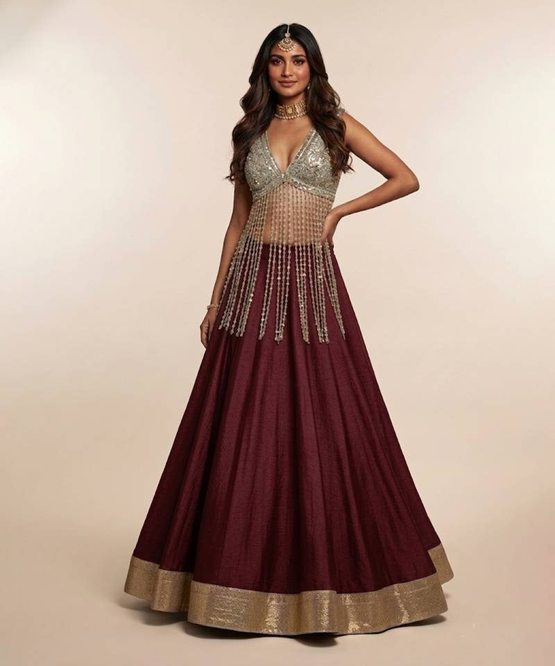 Wine Embroidered Silk Lehenga With Beaded Fringe Blouse