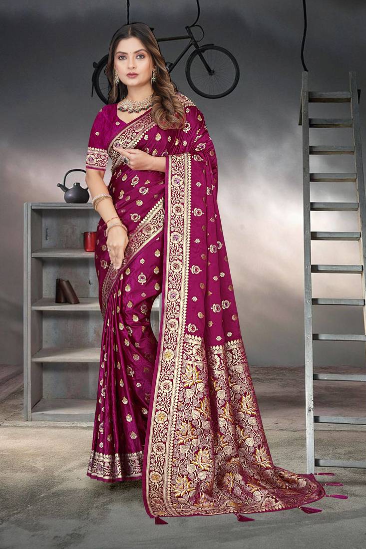Purple Banarasi Satin Silk Saree with Silver Zari & Thread & Rich Traditional Pallu