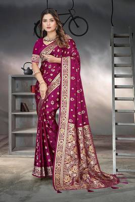 Purple Banarasi Satin silk blend Saree with Silver Zari & Thread & Rich Traditional Pallu 1