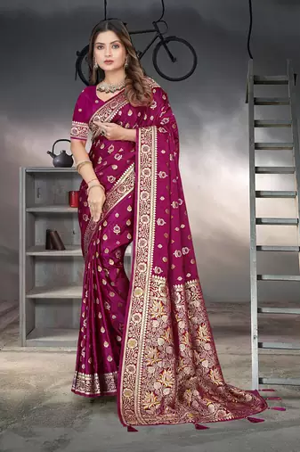 Purple Banarasi Satin Silk Saree with Silver Zari & Thread & Rich Traditional Pallu
