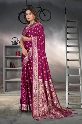Purple Banarasi Satin silk blend Saree with Silver Zari & Thread & Rich Traditional Pallu 2
