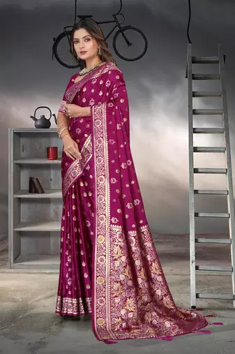 Purple Banarasi Satin silk blend Saree with Silver Zari & Thread & Rich Traditional Pallu