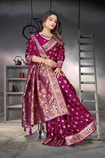 Purple Banarasi Satin silk blend Saree with Silver Zari & Thread & Rich Traditional Pallu