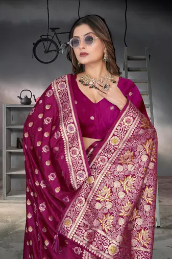 Purple Banarasi Satin silk blend Saree with Silver Zari & Thread & Rich Traditional Pallu