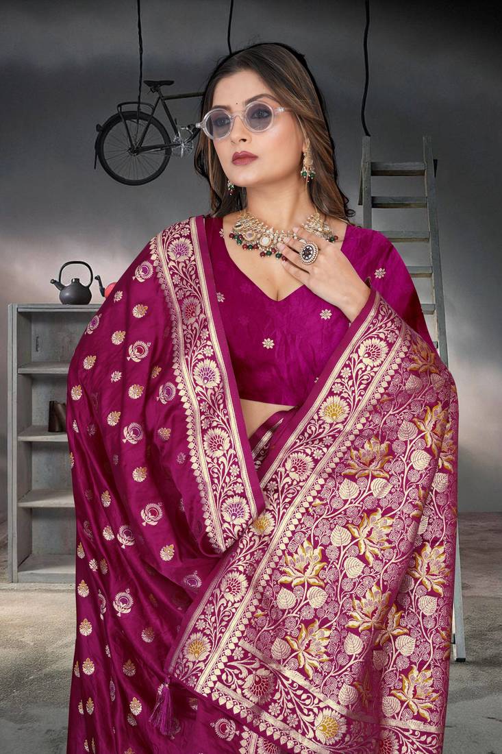 Purple Banarasi Satin silk blend Saree with Silver Zari & Thread & Rich Traditional Pallu