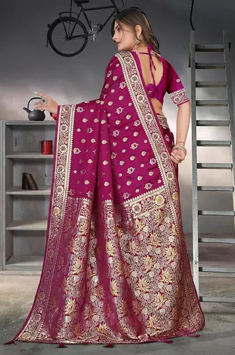 Purple Banarasi Satin silk blend Saree with Silver Zari & Thread & Rich Traditional Pallu