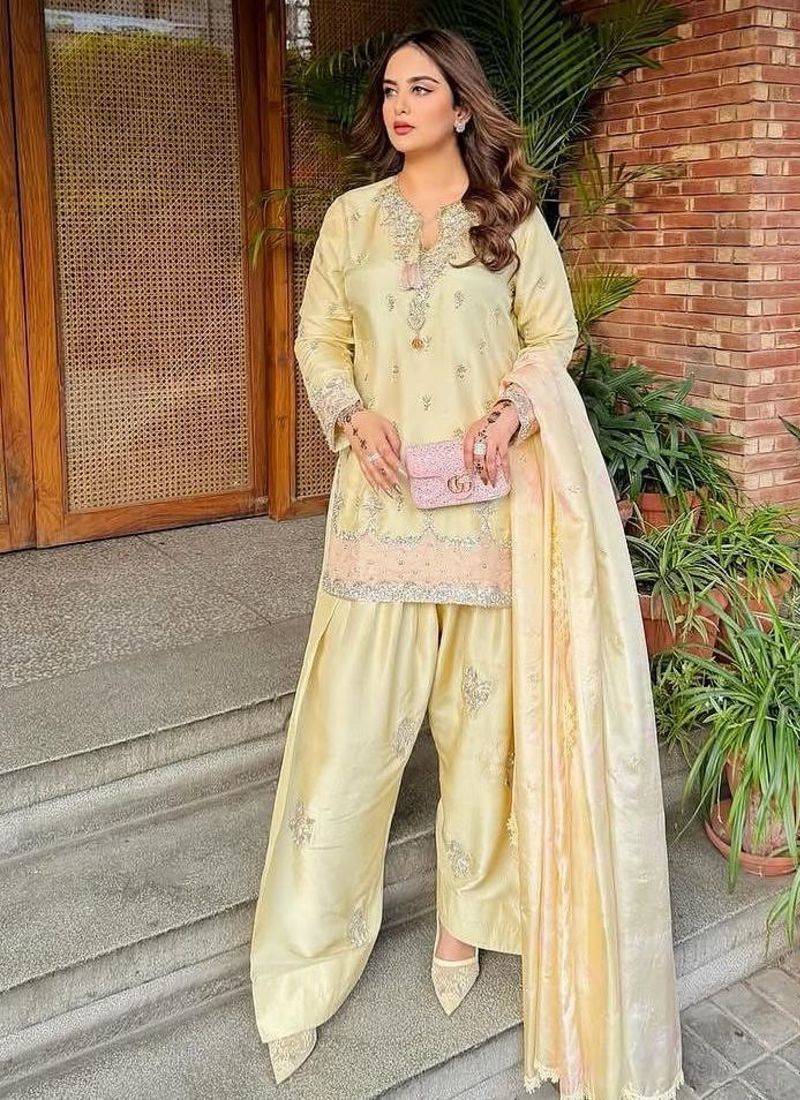 Designer japan satin top with farshi palazzo & organza dupatta          embroidered party wear suit set