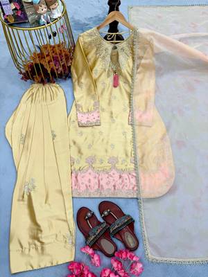 Designer japan satin top with farshi palazzo & organza dupatta   embroidered party wear suit set 2