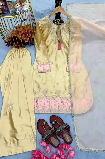 Designer japan satin top with farshi palazzo & organza dupatta     embroidered party wear suit set