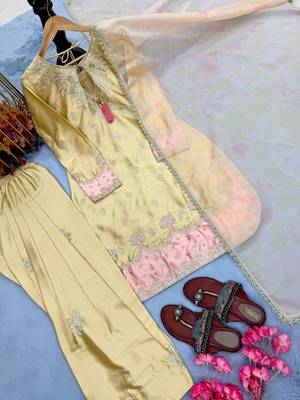 Designer japan satin top with farshi palazzo & organza dupatta   embroidered party wear suit set 3