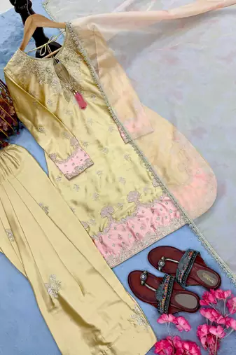 Designer japan satin top with farshi palazzo & organza dupatta     embroidered party wear suit set