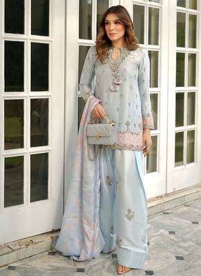  japan satin top with farshi palazzo & organza dupattaembroidered party wear suit set 1