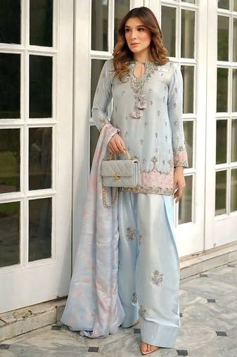  japan satin top with farshi palazzo & organza dupattaembroidered party wear suit set