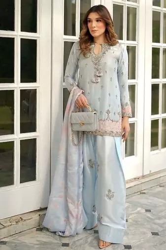 japan satin top with farshi palazzo & organza dupattaembroidered party wear suit set
